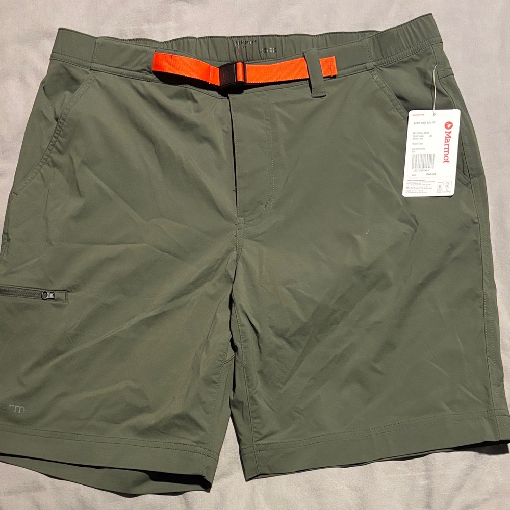 Men’s Marmot Arch Rock Short 9”Olive Shorts with Bright Orange Belt SZ 36
